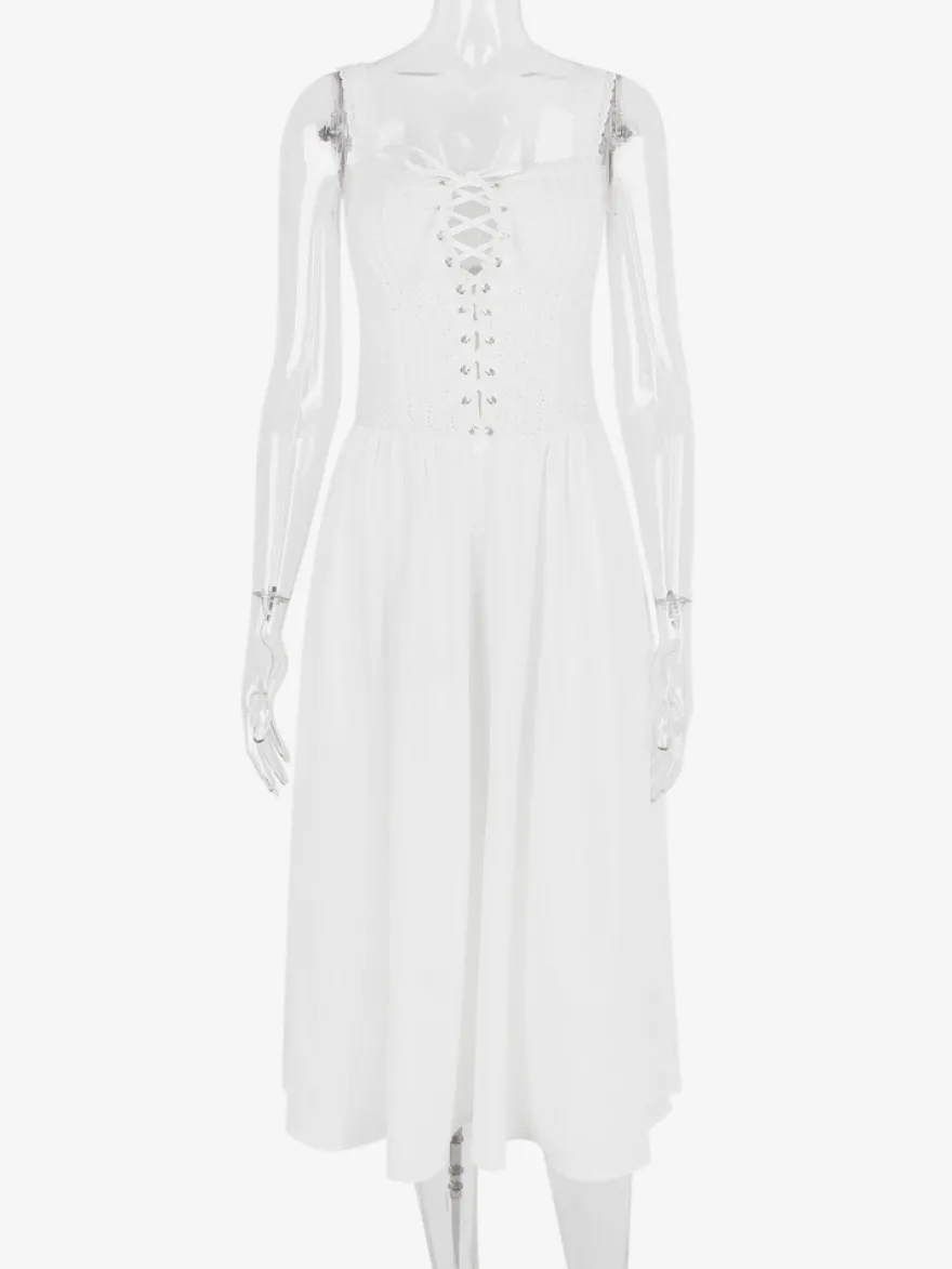 Robes De Soirée Bretelles Blanches Col À Lacets Robe Semi-Formelle Plissée