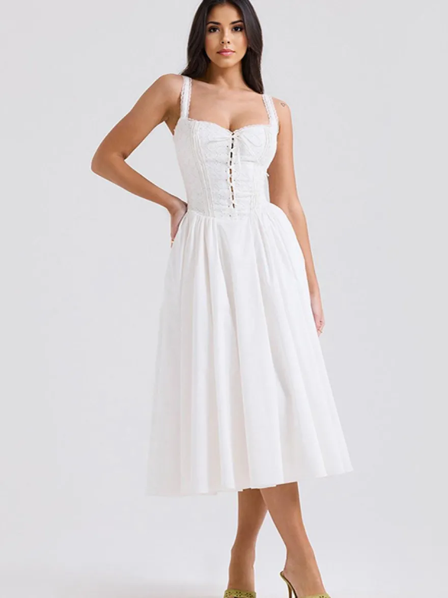 Robes De Soirée Bretelles Blanches Col À Lacets Robe Semi-Formelle Plissée