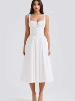 Robes De Soirée Bretelles Blanches Col À Lacets Robe Semi-Formelle Plissée