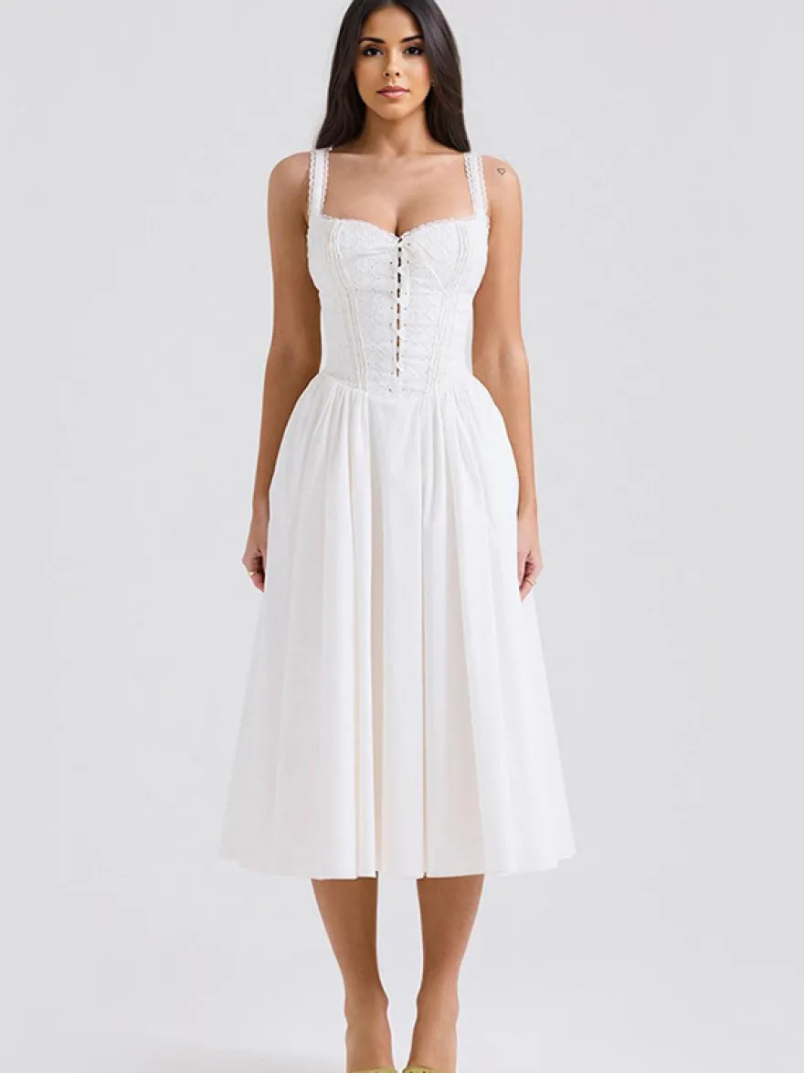 Robes De Soirée Bretelles Blanches Col À Lacets Robe Semi-Formelle Plissée