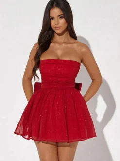 Robes De Soirée Courte Robe Semi-Formelle Sans Bretelles Avec Nœuds En Tulle