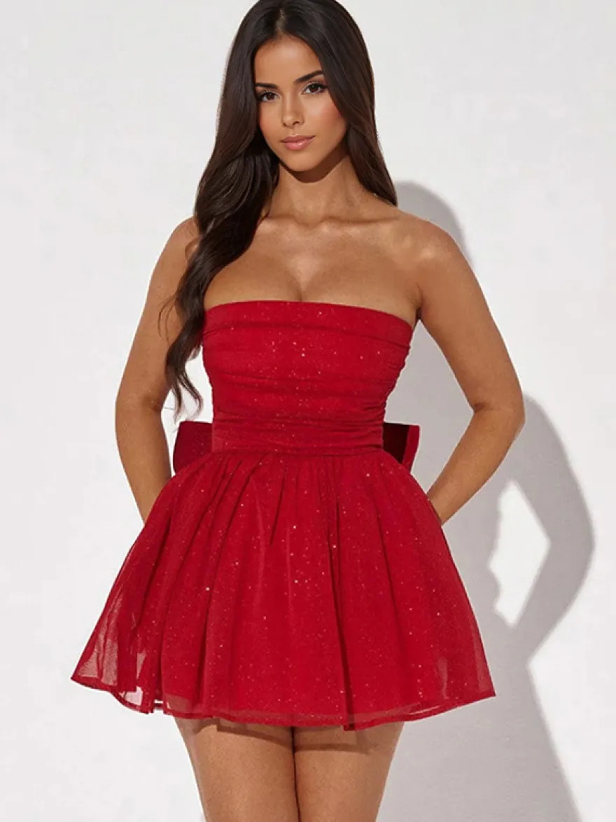 Robes De Soirée Courte Robe Semi-Formelle Sans Bretelles Avec Nœuds En Tulle