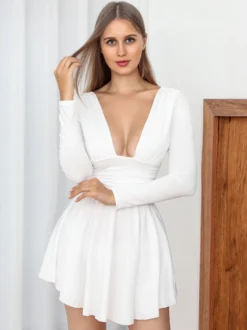 Robes De Soirée Courte Robe Semi-Formelle À Manches Longues Col En V Sexy
