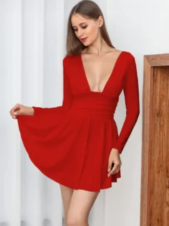 Robes De Soirée Courte Robe Semi-Formelle À Manches Longues Col En V Sexy