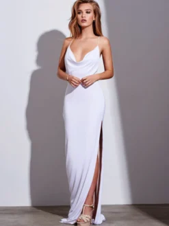 Robes de Soirée Femmes Longues avec Bretelles à Col Décolleté en V avc Dos Nu Coupe Cintrée Fente Latérale Unicolore Robes Etés Sexy