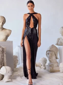 Robes De Soirée Fendue Robe Semi-formelle Sexy Noire À Licou Paillettes Sans Manches