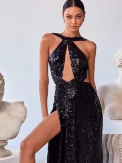 Robes De Soirée Fendue Robe Semi-formelle Sexy Noire À Licou Paillettes Sans Manches