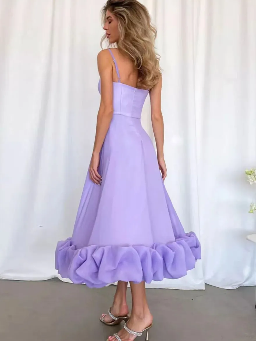 Robes de soirée Lilas à Bretelles Plissée Sans Manches Couches Robe Semi-Formelle