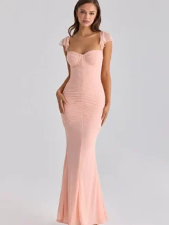 Robes de soirée longues sans manches à bretelles décolleté sexy robes roses