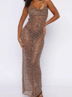 Robes de soirée maxi dos nu à sequins et bretelles spaghetti à lacets
