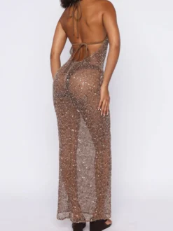 Robes de soirée maxi dos nu à sequins et bretelles spaghetti à lacets