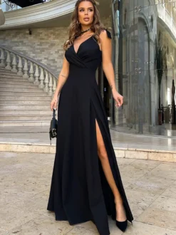 Robes de soirée Robe semi-formelle noire à col en V et à lacets sans manches à fente haute
