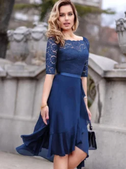 Robes De Soirée Robe Semi-formelle Noire En Dentelle À Col Bateau Manches 3/4 Volant