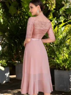Robes De Soirée Robe Semi-formelle Noire En Dentelle À Col Bateau Manches 3/4 Volant