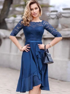 Robes De Soirée Robe Semi-formelle Noire En Dentelle À Col Bateau Manches 3/4 Volant