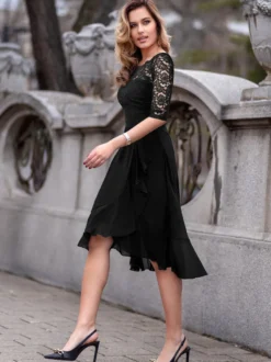 Robes De Soirée Robe Semi-formelle Noire En Dentelle À Col Bateau Manches 3/4 Volant