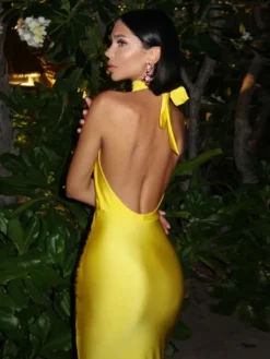 Robes De Soirée Robe Semi-Formelle Jaune Sans Manches À Col En V Col Haut