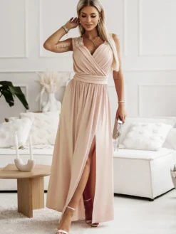 Robes De Soirée Robe Semi-formelle Fendue Sans Manches À Col En Cœur Abricot
