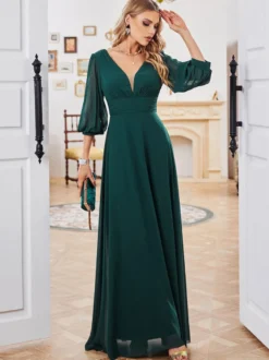 Robes De Soirée Robe Semi-Formelle Plissée À Manches Longues Col En V Vert Foncé