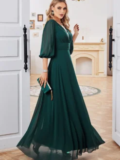 Robes De Soirée Robe Semi-Formelle Plissée À Manches Longues Col En V Vert Foncé
