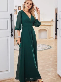 Robes De Soirée Robe Semi-Formelle Plissée À Manches Longues Col En V Vert Foncé