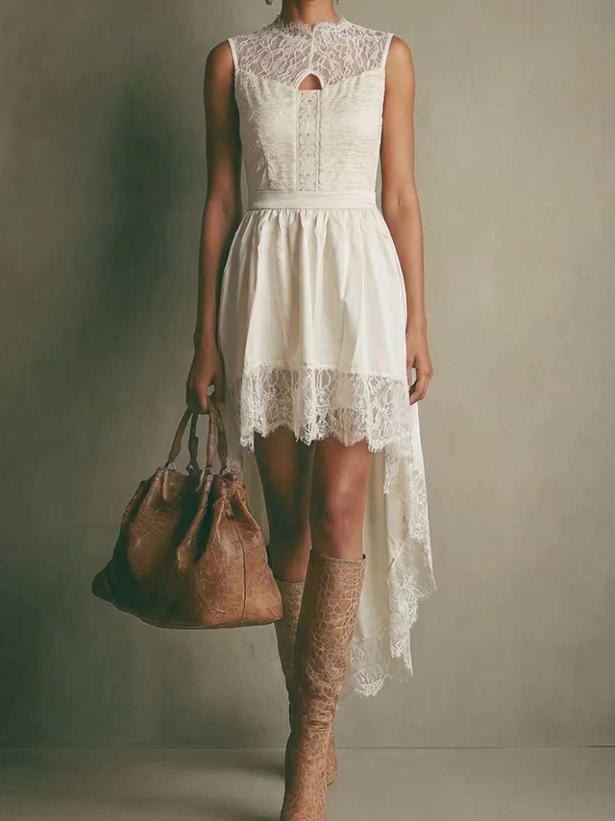 Robes de soirée romantiques midi asymétriques bohèmes en dentelle sans manches à col rond et coupe asymétrique fluide