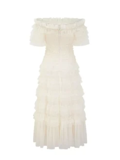 Robes De Soirée Semi-Formelle Col Bateau Volants Manches Courtes À Pois Transparente