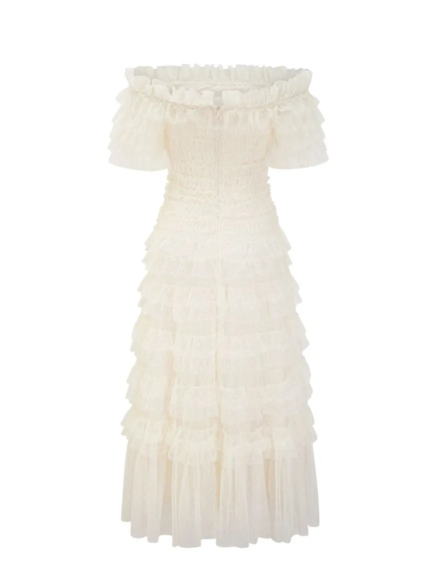Robes De Soirée Semi-Formelle Col Bateau Volants Manches Courtes À Pois Transparente