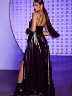 Robes De Soirée Sexy Robe Semi-Formelle Noire Bretelle À Col En V Fente Haute
