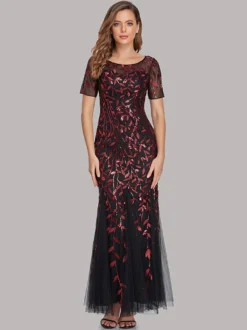 Robes De Soirée Sirène Manches Courtes Robe Maxi Semi-formelle