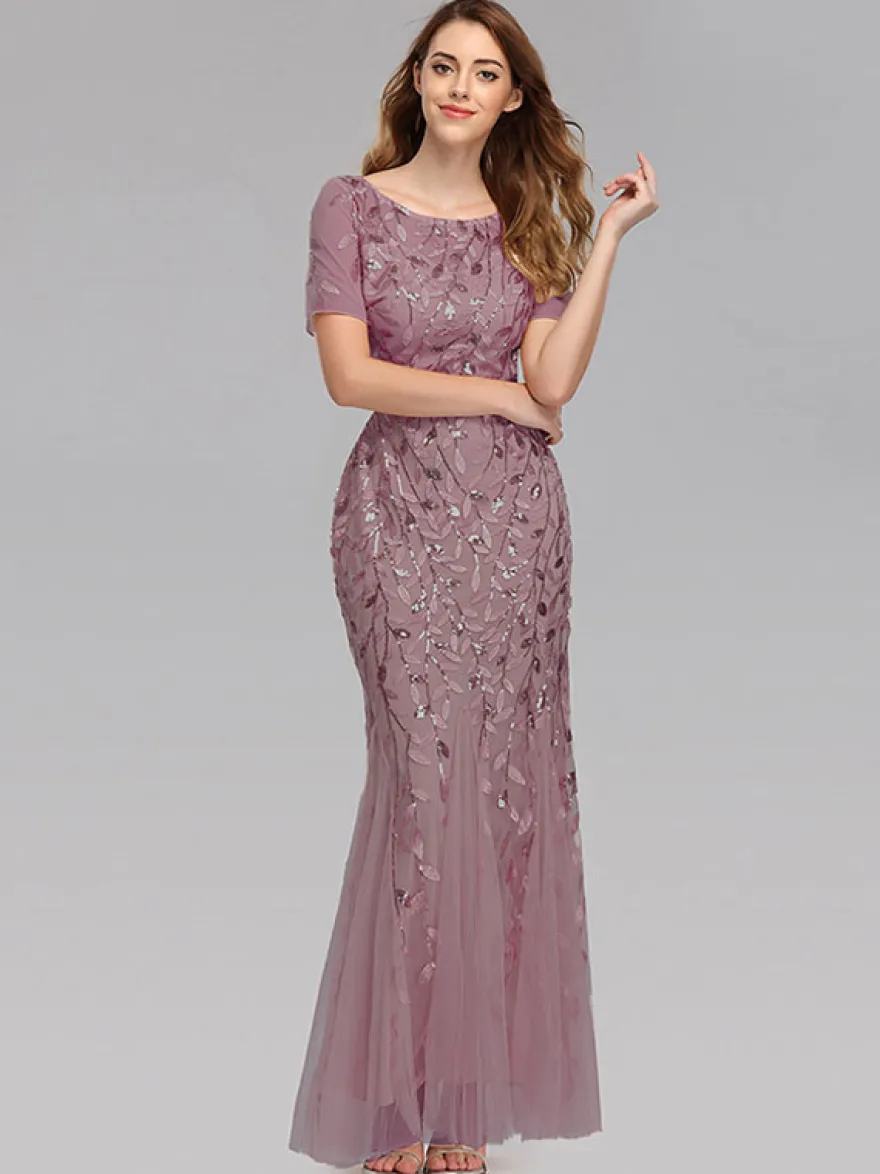 Robes De Soirée Sirène Manches Courtes Robe Maxi Semi-formelle