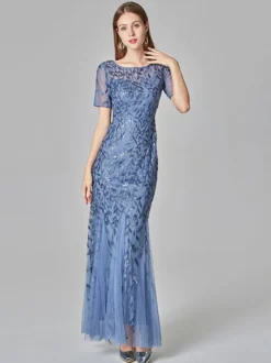 Robes De Soirée Sirène Manches Courtes Robe Maxi Semi-formelle