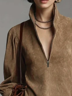 Robes de tous les jours pour femme mini-robes camel à manches longues et col en V taille naturelle
