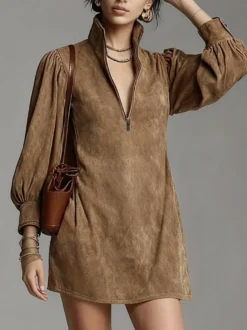 Robes de tous les jours pour femme mini-robes camel à manches longues et col en V taille naturelle