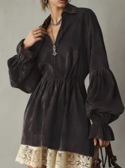 Robes de tous les jours pour femmes mini-robes marron café en dentelle à manches longues et col rabattu