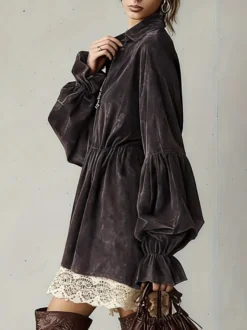 Robes de tous les jours pour femmes mini-robes marron café en dentelle à manches longues et col rabattu
