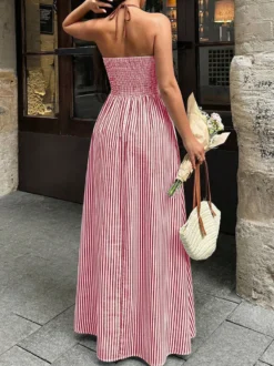Robes de vacances maxi dos nu sans manches col V manches courtes robes d'été sexy bordeaux