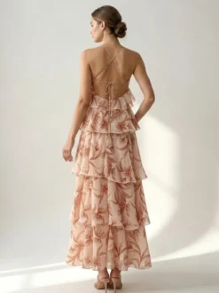 Robes de vacances maxi dos nu à volants sans manches col V chics orange et rouge