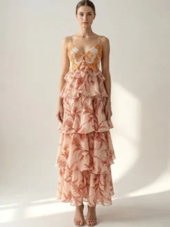 Robes de vacances maxi dos nu à volants sans manches col V chics orange et rouge