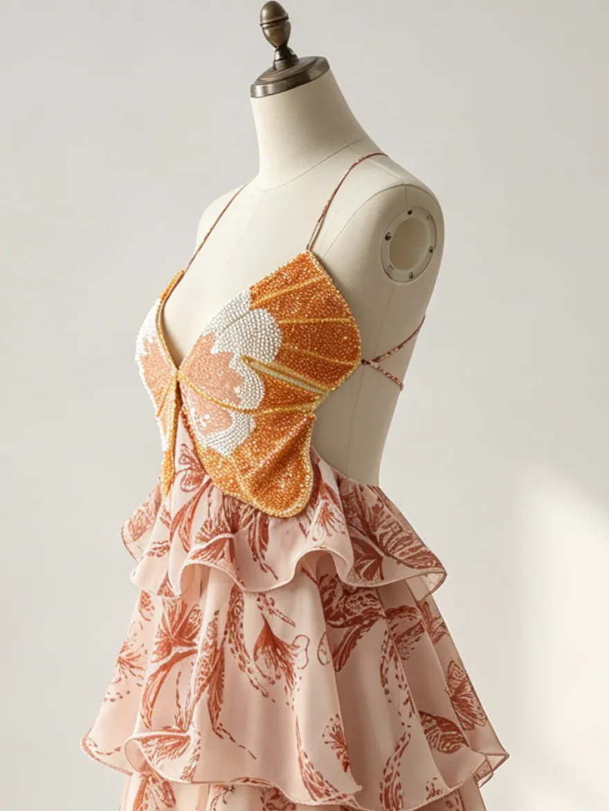 Robes de vacances maxi dos nu à volants sans manches col V chics orange et rouge