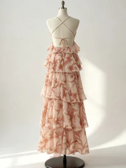 Robes de vacances maxi dos nu à volants sans manches col V chics orange et rouge