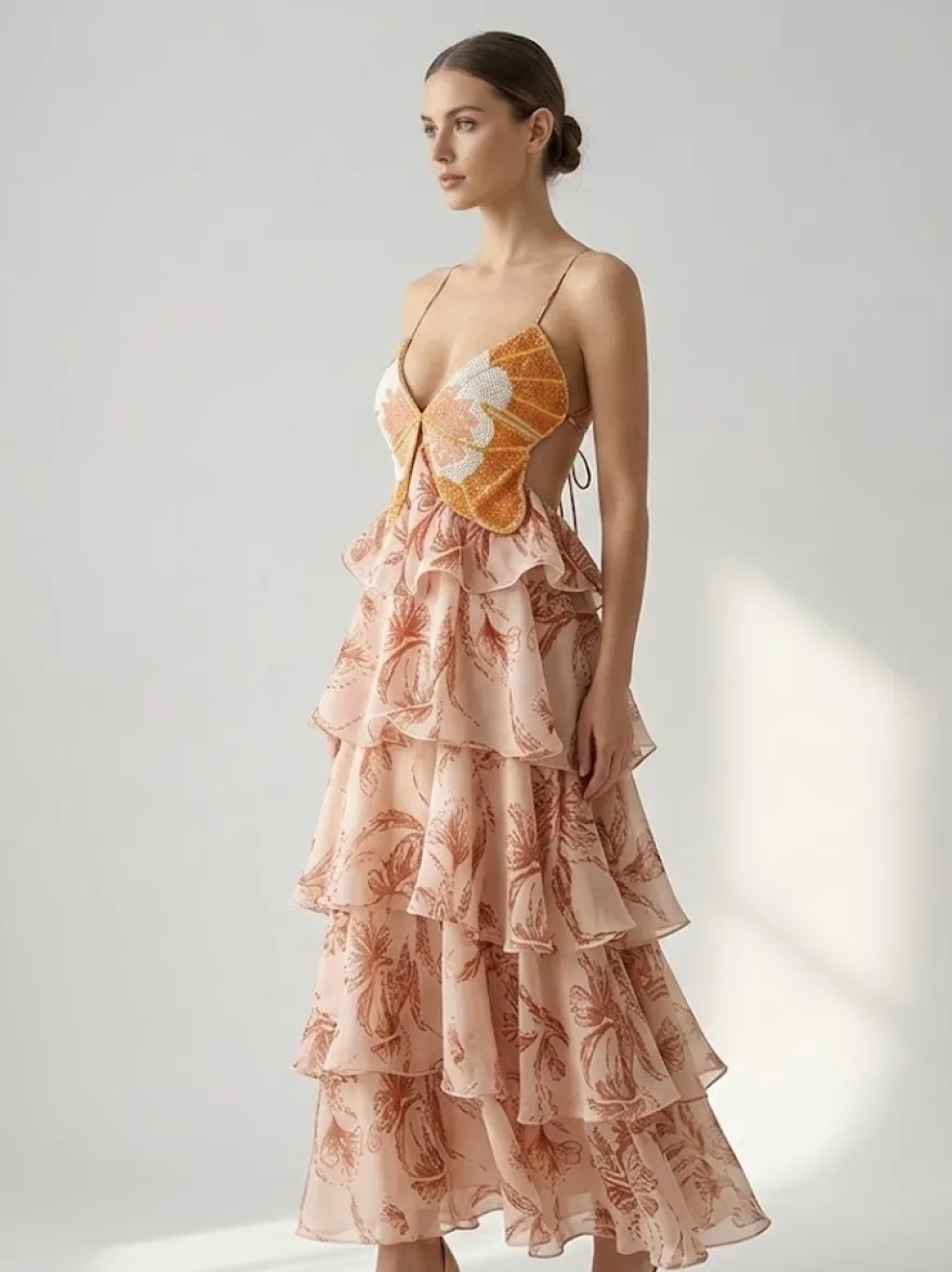 Robes de vacances maxi dos nu à volants sans manches col V chics orange et rouge