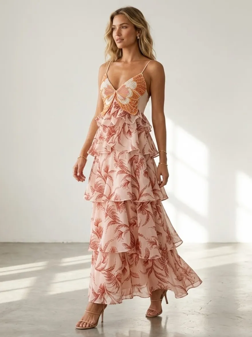 Robes de vacances maxi dos nu à volants sans manches col V chics orange et rouge