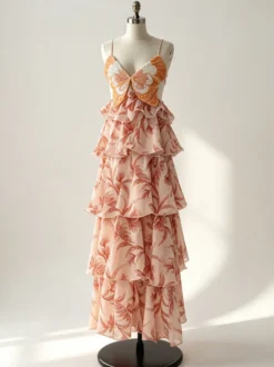 Robes de vacances maxi dos nu à volants sans manches col V chics orange et rouge