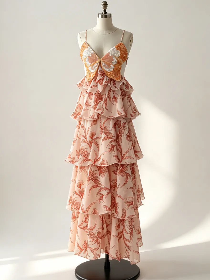 Robes de vacances maxi dos nu à volants sans manches col V chics orange et rouge
