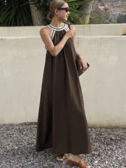 Robes de vacances maxi sans manches bustier rétro marron