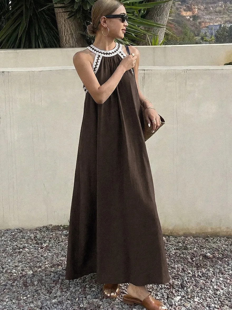 Robes de vacances maxi sans manches bustier rétro marron