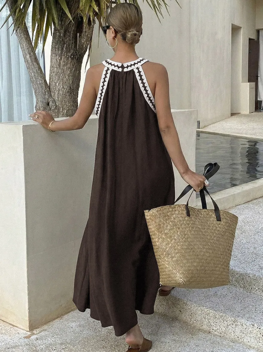 Robes de vacances maxi sans manches bustier rétro marron