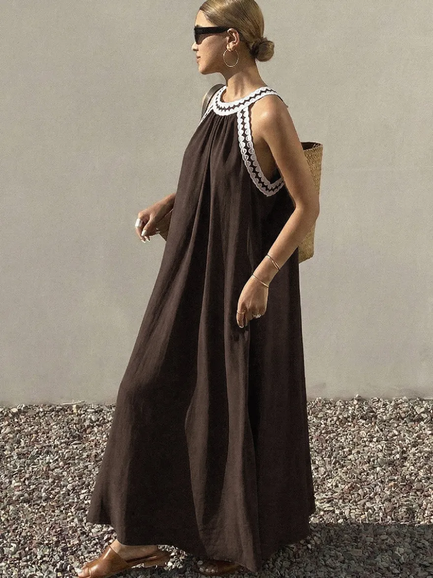 Robes de vacances maxi sans manches bustier rétro marron