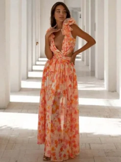 Robes de vacances maxi à volants plissées sans manches à imprimé floral col en V et manches pétales robes orange décontractées